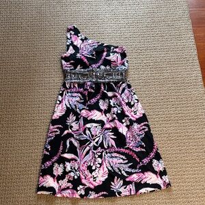 Lilly Pulitzer Black Pink Floral One-Shoulder Dress